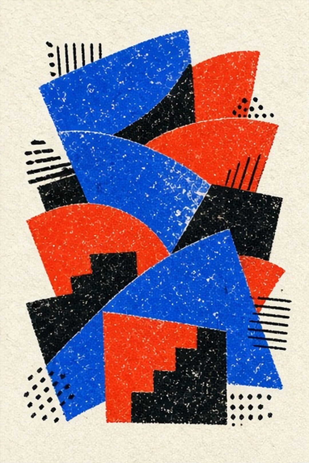 Original bold two-ink risograph music prints on fibrous paper, with misregistration, cobalt, fluorescent orange, plum, pale lemon, and black illustration for Pattern Change