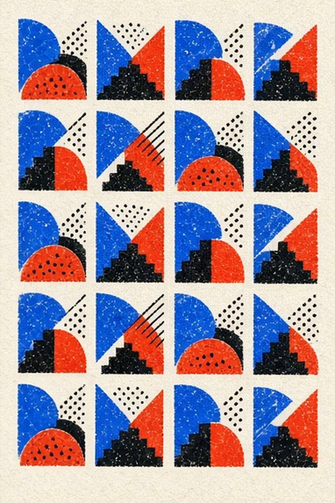 Original bold two-ink risograph music prints on fibrous paper, with misregistration, cobalt, fluorescent orange, plum, pale lemon, and black illustration for Ensemble Space
